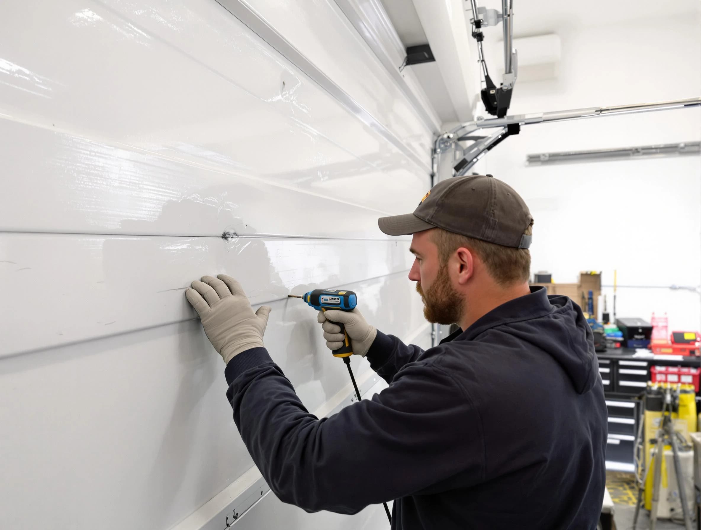 West View Garage Door Repair technician demonstrating precision dent removal techniques on a West View garage door