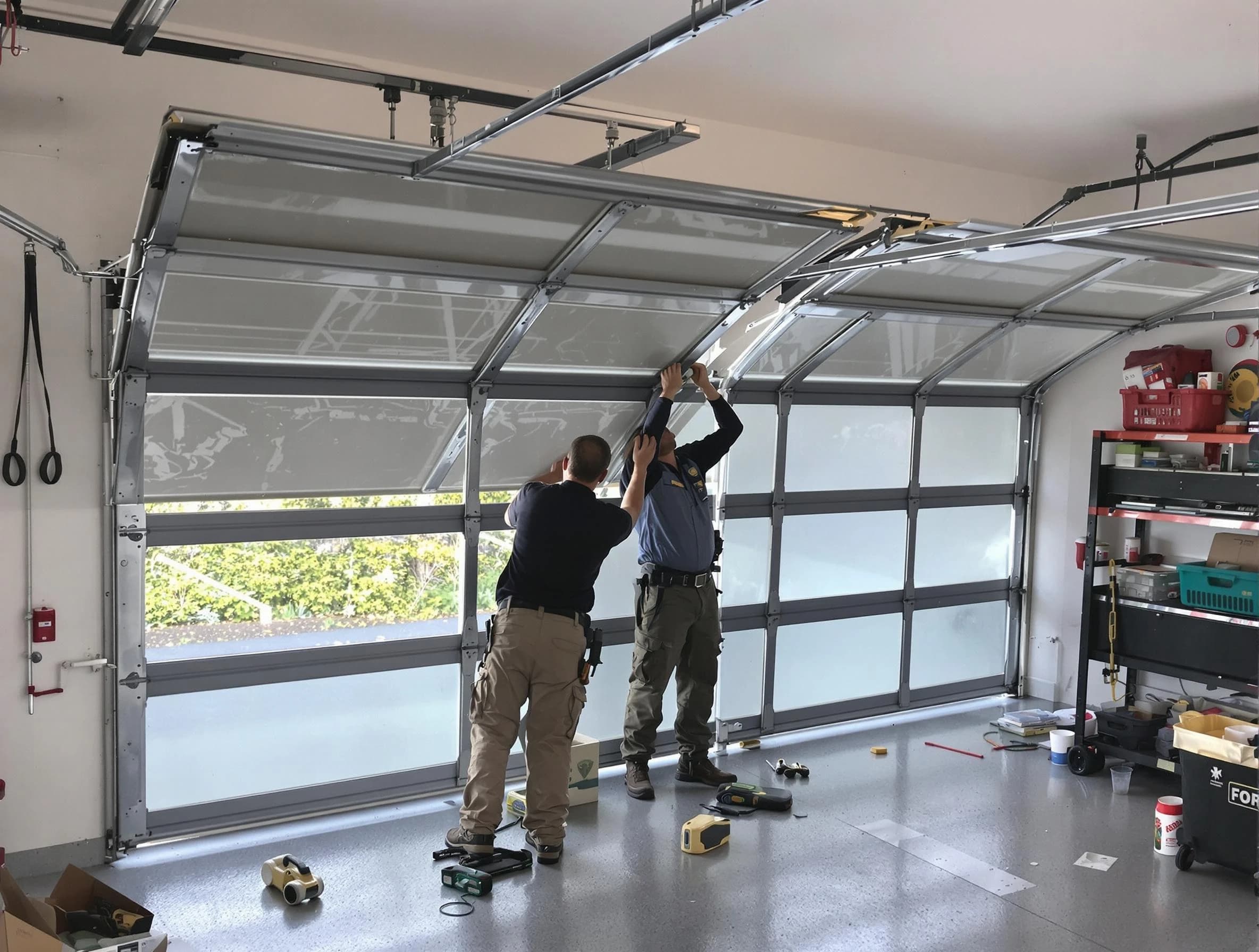West View Garage Door Repair expert performing precise panel replacement on West View garage door